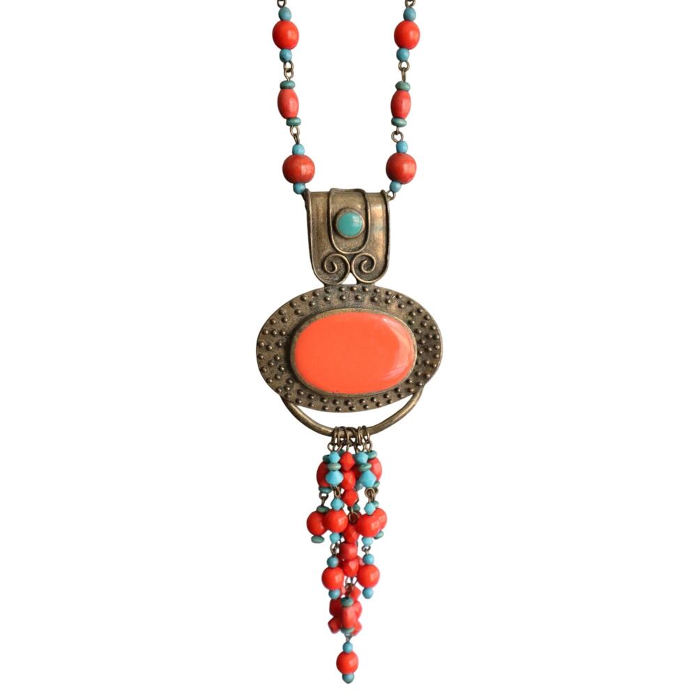 Vintage 90s Y2K Ethnic Pendant Necklace Beads Brass Orange Turquoise Stones Boho